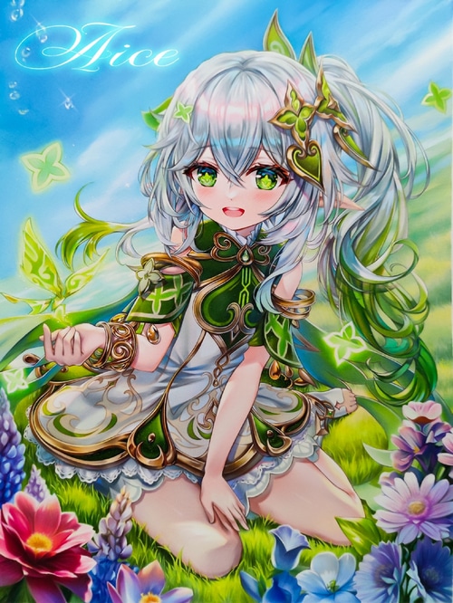 Nahida from Genshin Impact in a field of flowers