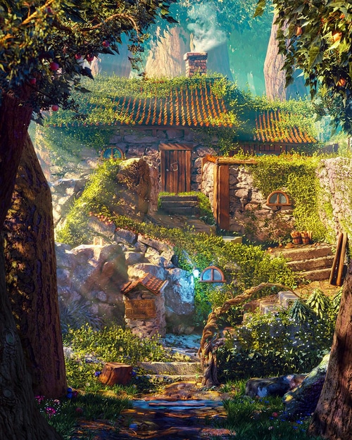 Fantasy stone house with mossy roof and sun rays