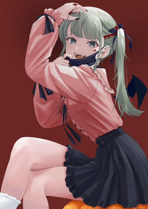 Anime girl with green hair and fangs wearing a mask