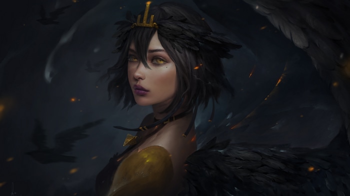 Fantasy girl with black wings and yellow eyes