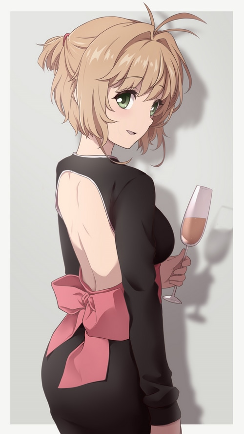 Sakura Kinomoto in a backless black dress holding a drink