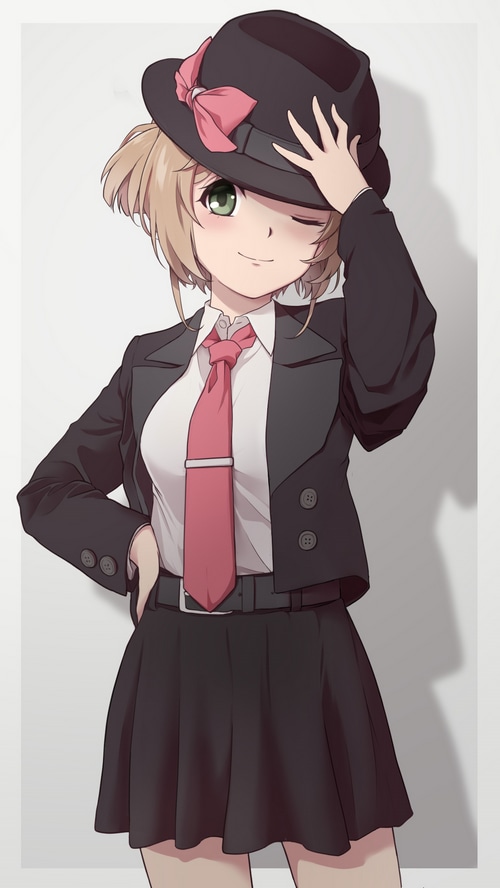 Sakura Kinomoto wearing a suit and hat