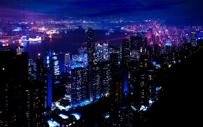 4K Night Cityscape with Blue and Purple Lights