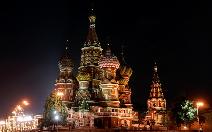 4K night view of Saint Basil's Cathedral in Moscow, Russia