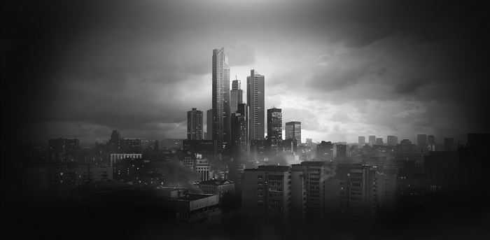 Monochrome cityscape with skyscrapers under cloudy sky
