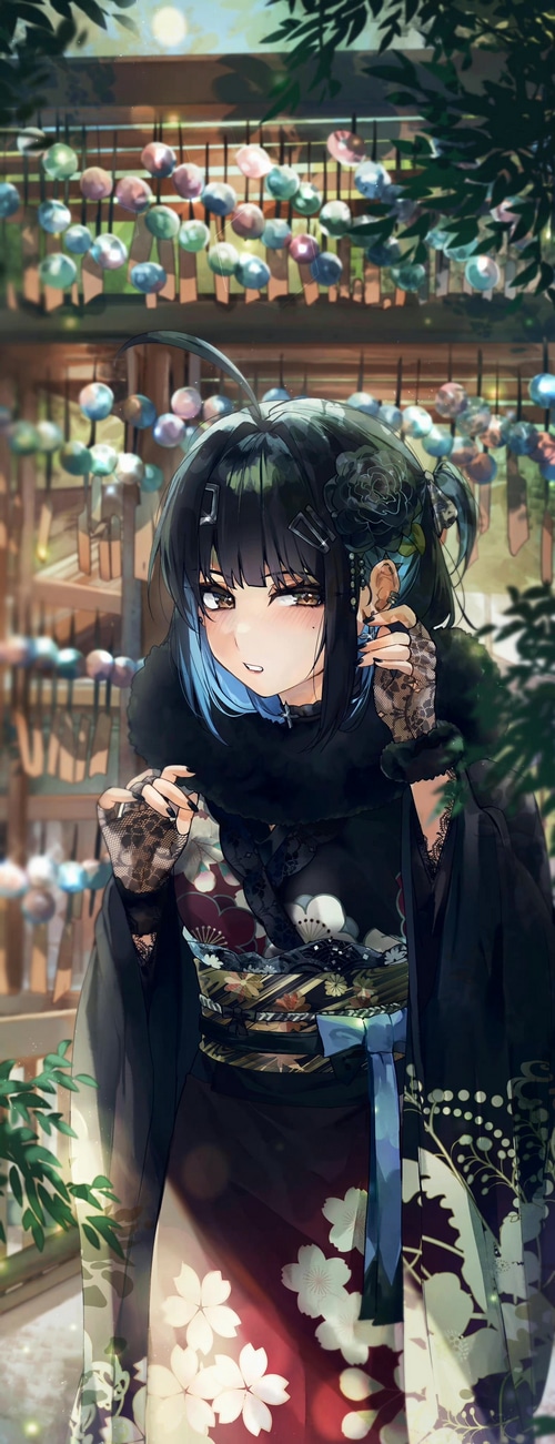 Anime girl with black hair and blue streaks in a kimono
