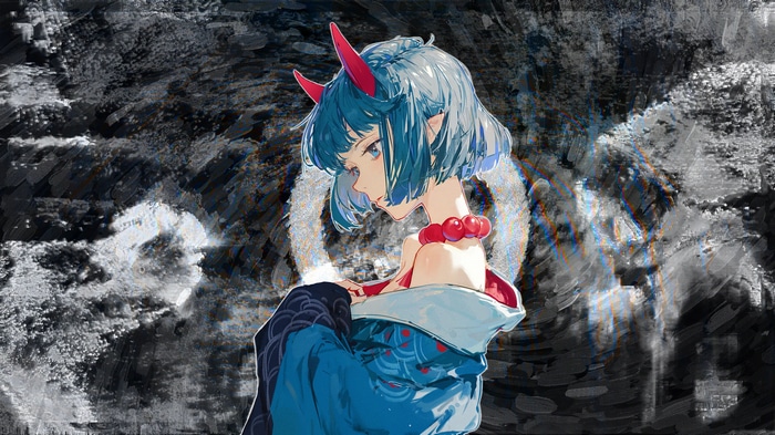 Anime girl with blue hair and red horns