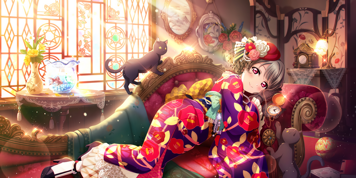 Nakasu Kasumi in Kimono with Cats and Flowers