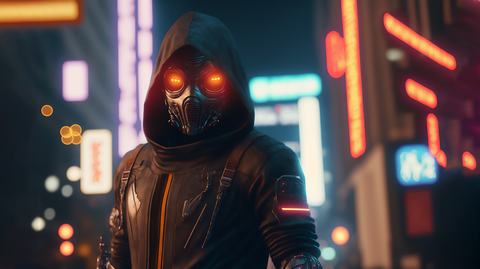 Cyberpunk character with mask and hood in city lights