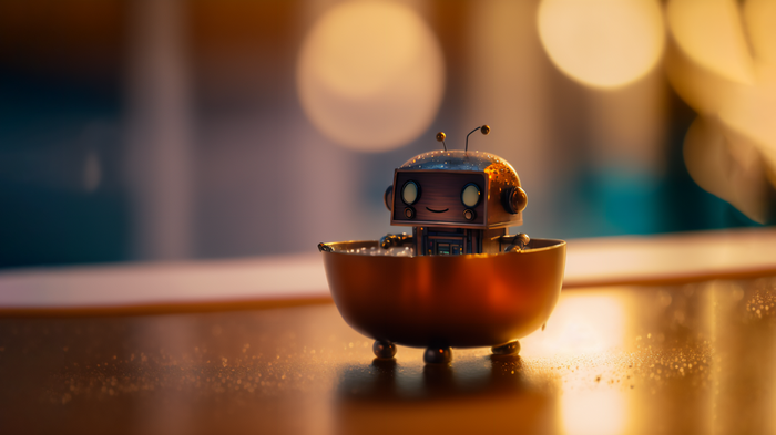 Tiny robot in a bathtub with bokeh background