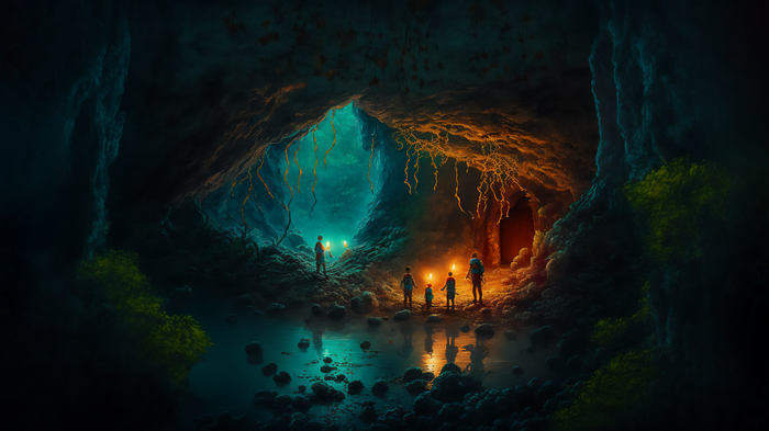Explorers with torches in a glowing cave
