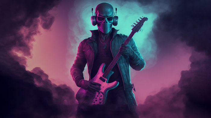 Skull with headphones playing electric guitar