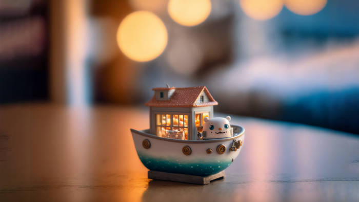 Tiny boat with a house and a bear figurine