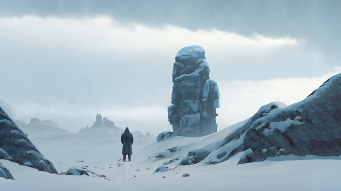 A lone figure stands in a snowy, rocky landscape.