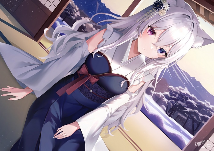 Cat girl in kimono with snowy mountains background