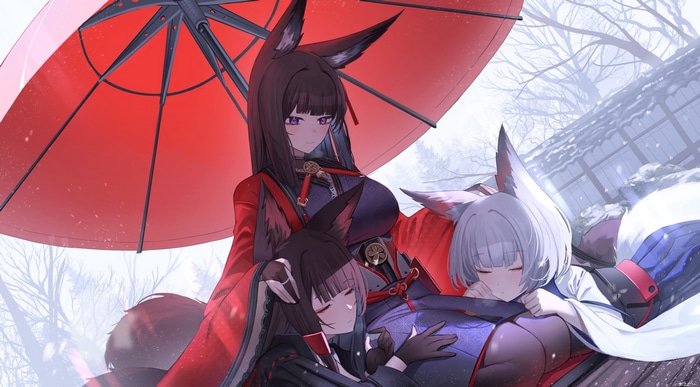 Azur Lane characters sleeping under a red umbrella in snow