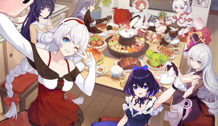 Honkai Impact 3rd characters having a meal and taking selfies