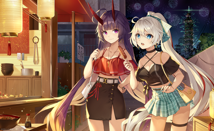 Kiana Kaslana and Raiden Mei at a festival with fireworks