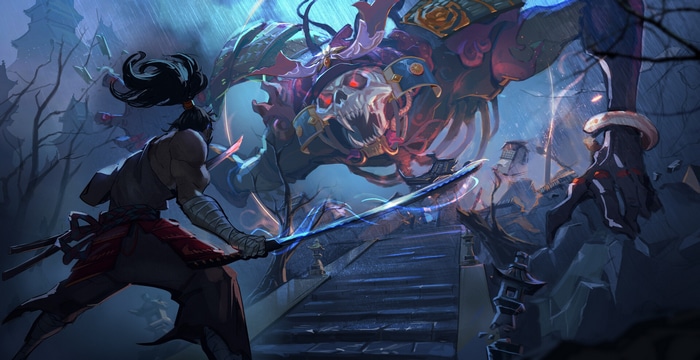 Samurai fighting a skeletal creature in the rain