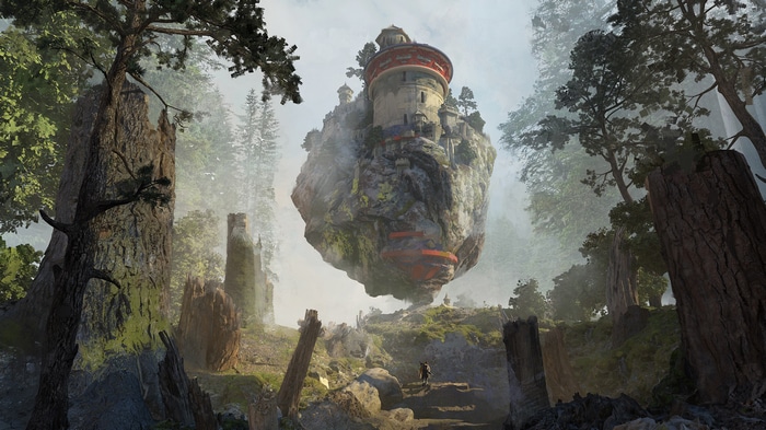 Floating island with a tower in a misty forest
