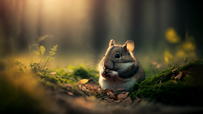 Mouse eating a nut in a mossy forest
