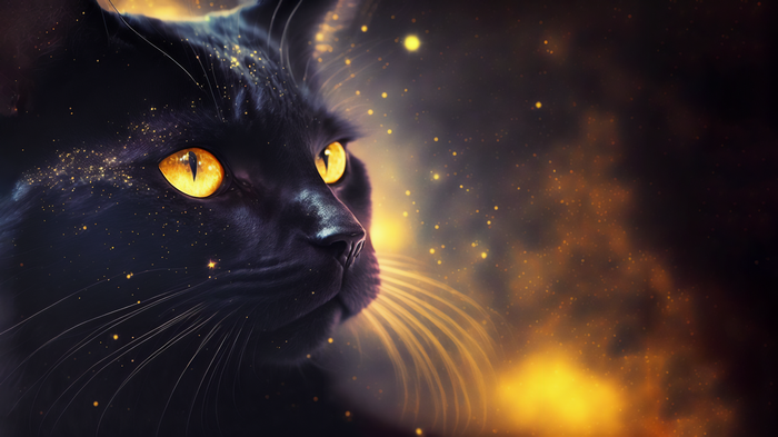 Black cat with glowing yellow eyes and stars