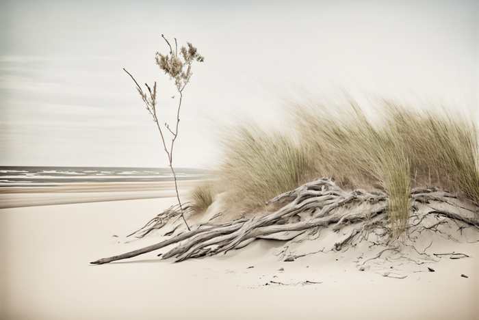 Driftwood and grass on a sandy beach