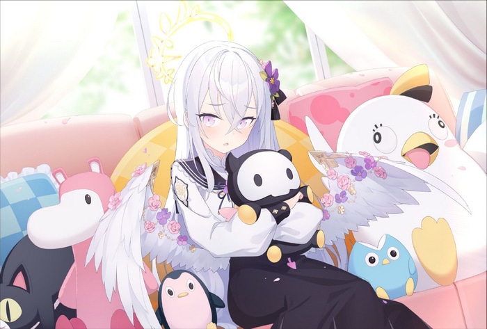 Anime girl with angel wings holding a panda plush