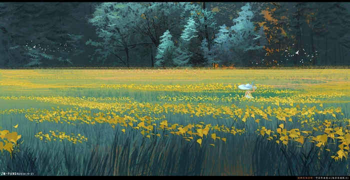 Girl in a field of yellow flowers with trees in the background
