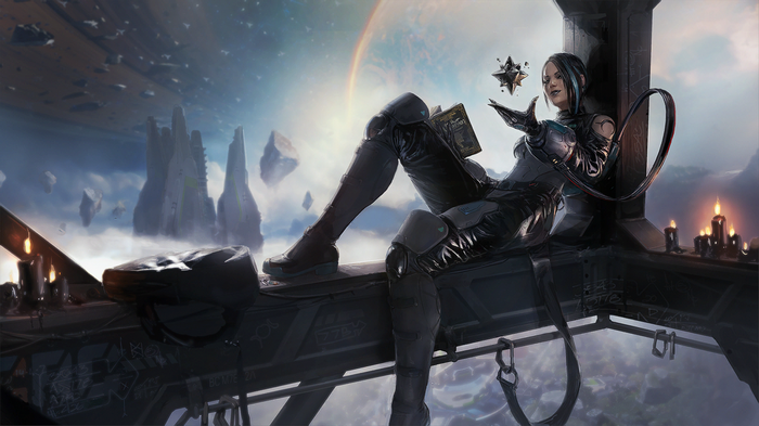Catalyst from Apex Legends reading a book in space