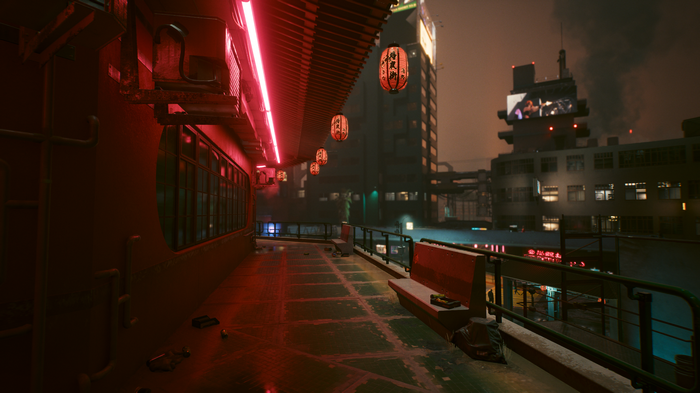 Cyberpunk 2077 Night City Rooftop with Neon Lights