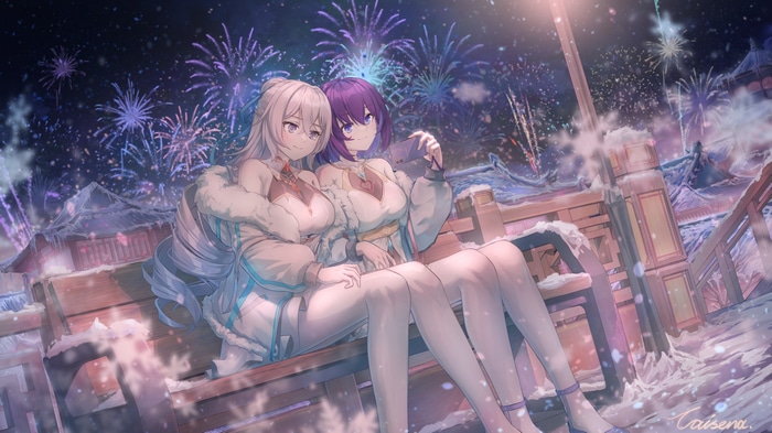 Bronya Zaychik and Seele Vollerei taking a selfie with fireworks