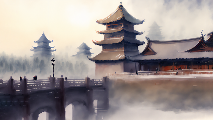 Misty Chinese architecture with a bridge and pagodas