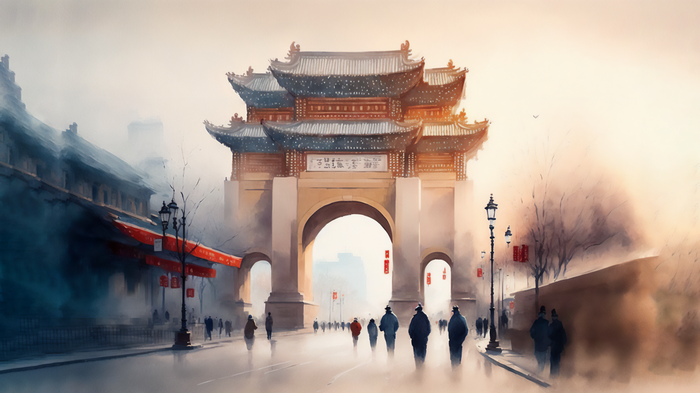Watercolor painting of a Chinese gate and street scene