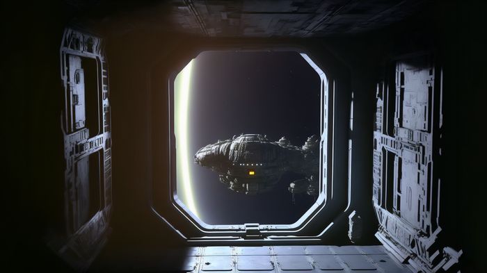Interior view of a spaceship with a large alien vessel outside