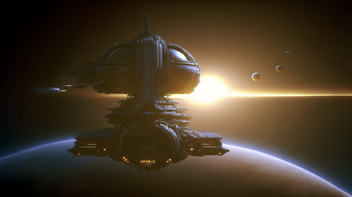Science fiction space station orbiting a planet