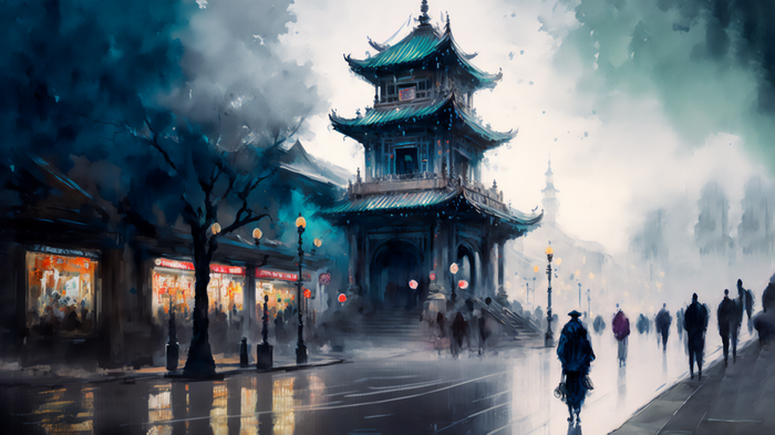 Watercolor painting of a Chinese pagoda in a misty city street