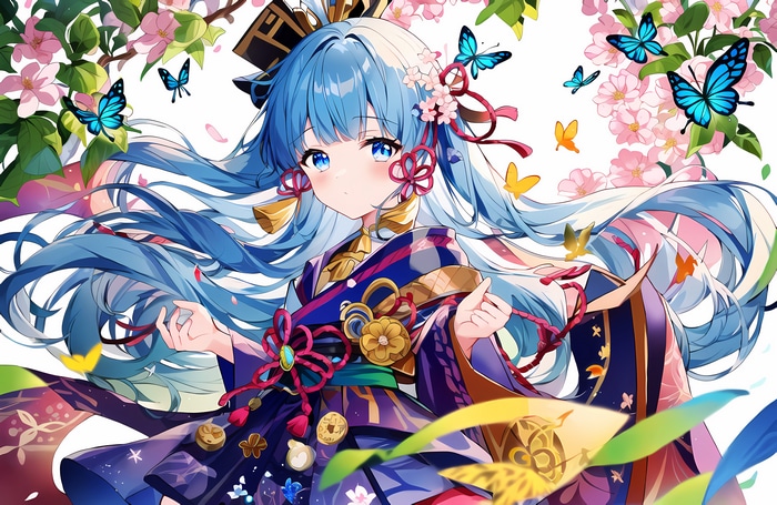 Kamisato Ayaka with Butterflies and Flowers