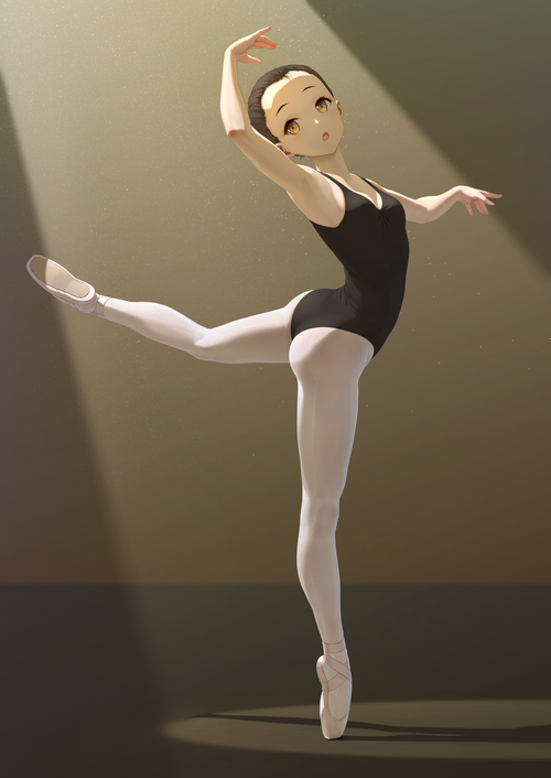 Ballerina in black leotard and white tights performing ballet