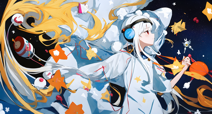 Girl with white hair and red eyes in space
