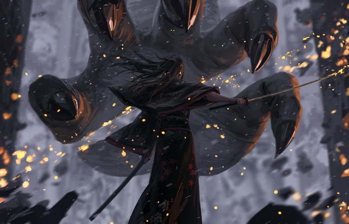4K Fantasy Art of a Samurai Fighting a Giant Monster