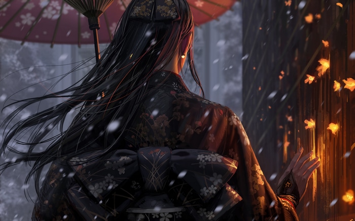 Woman in Kimono with Umbrella in Snow