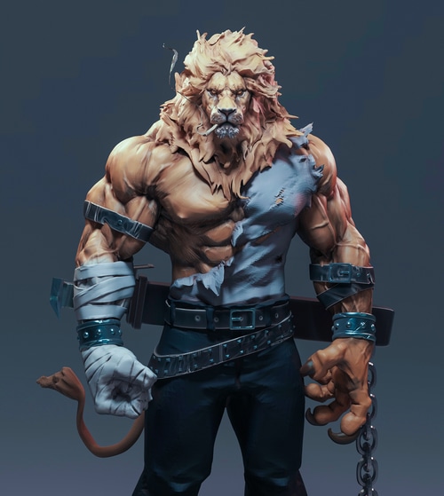 Anthro lion man with ripped shirt and chain