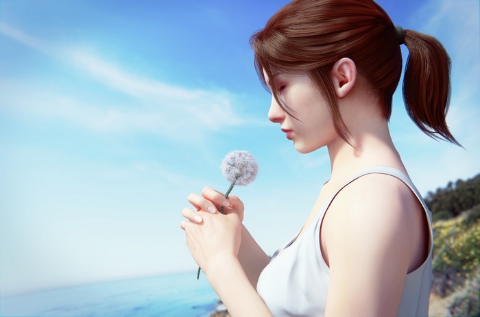 Zoey from Left 4 Dead 2 holding a dandelion