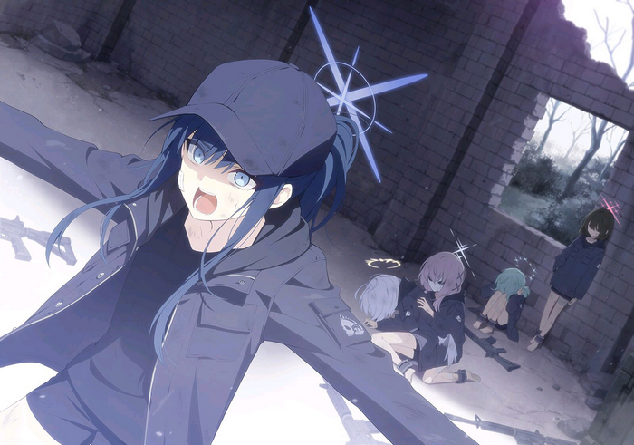 Blue Archive girls in a destroyed building with guns