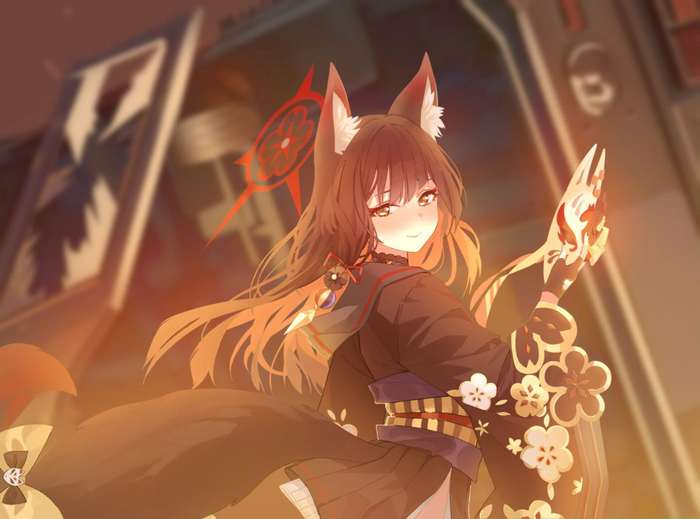 Anime fox girl in a kimono holding a mask
