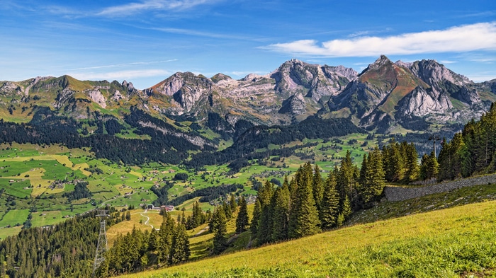 4K mountain landscape with green fields and forest