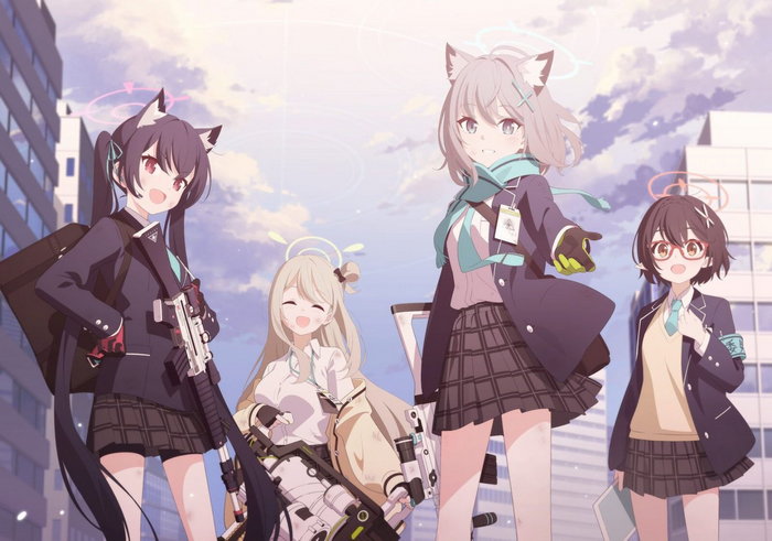 Blue Archive: Four girls with guns and fox ears