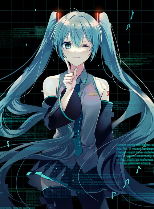 Hatsune Miku winks with digital background