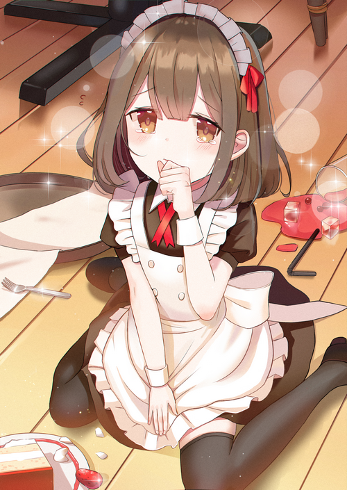 Anime girl in maid outfit sitting on floor